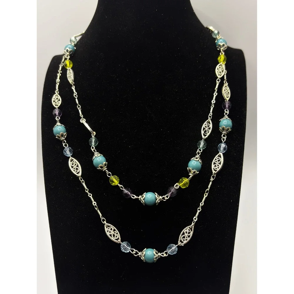 Sonoma Double Strand Necklace Womens Teal Silver Tone‎ Filigree Beaded Layered